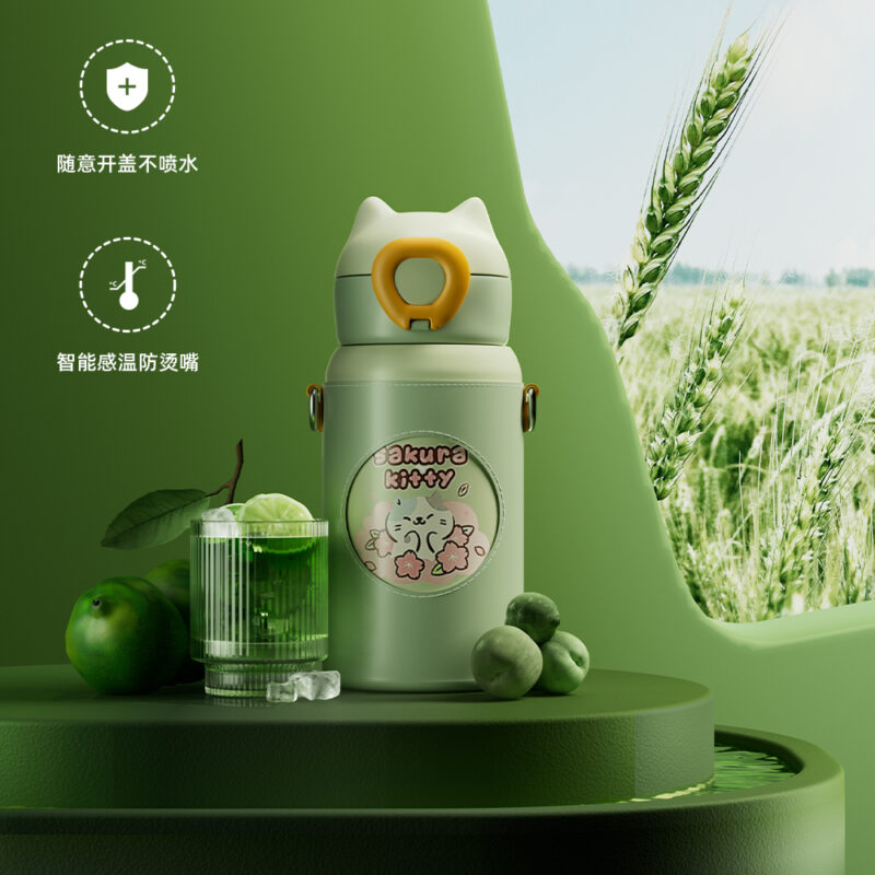 智能感温儿童保温杯防烫嘴设计 50℃自动锁水吸管杯 开盖不喷溅水壶